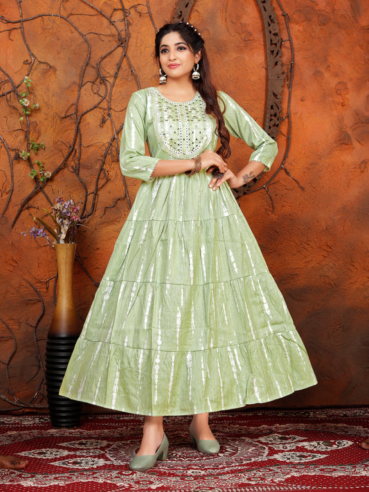 Women’s Cotton Anarkali Tier Pattern Gown With Beautiful Embroidery Work