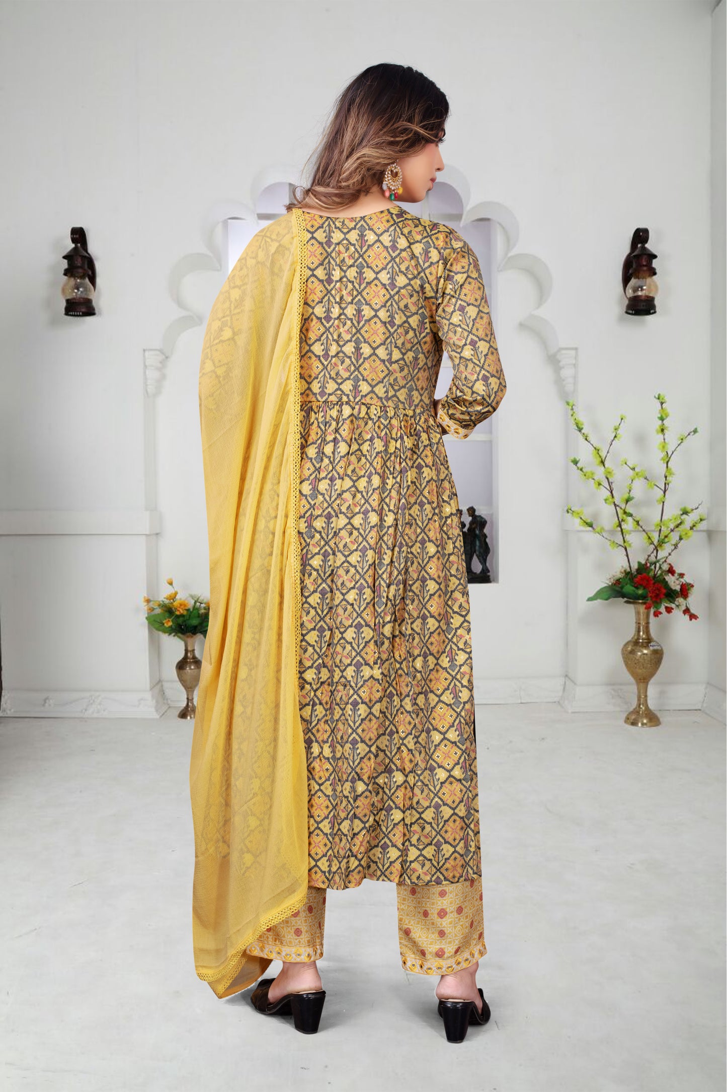 Women's Nayra Cut Fabric Rayon Embroidery Kurta Set Printed Heavy Kurti with Pants & Dupatta Set