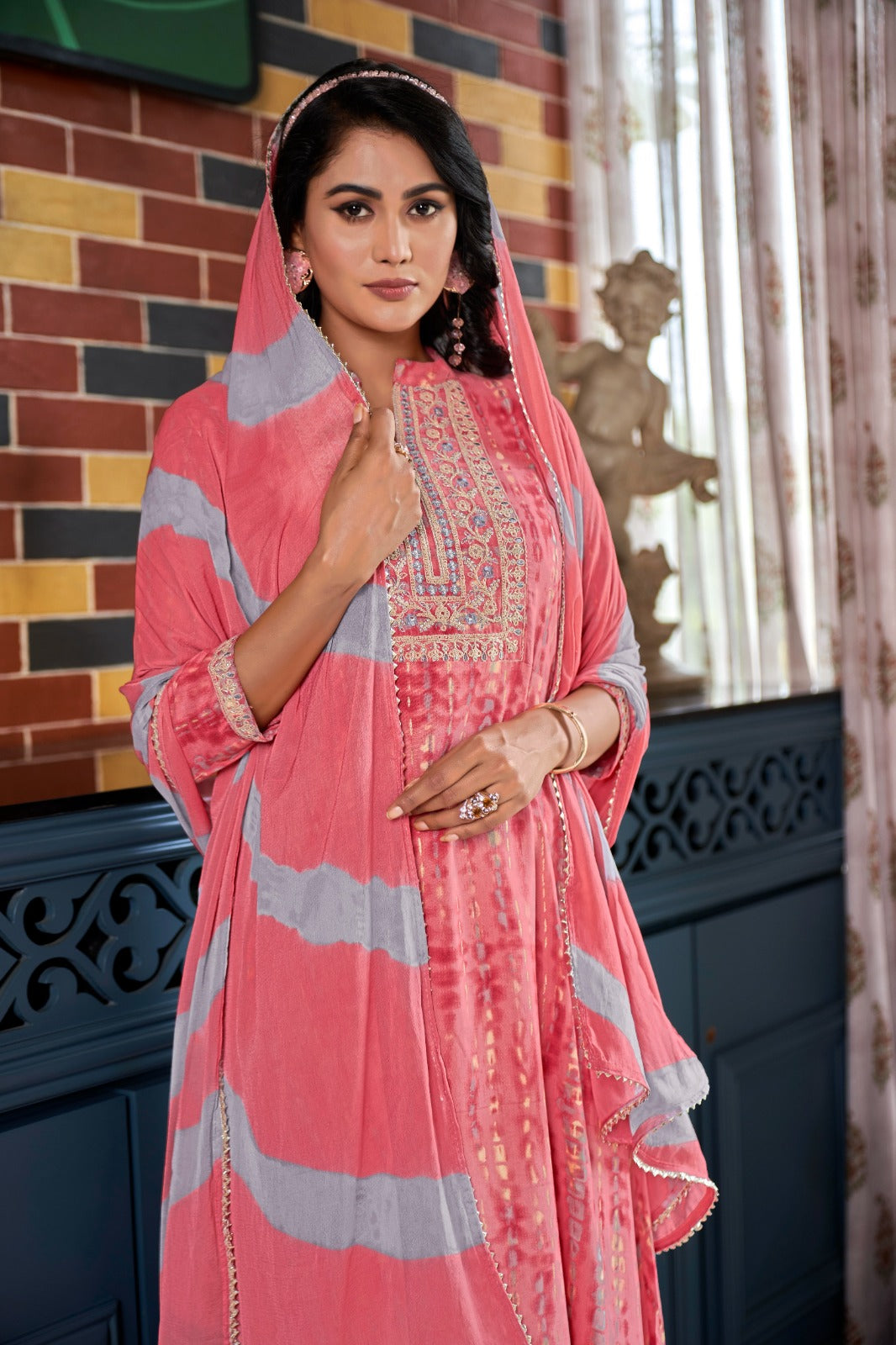 Women's A-line Fabric Rayon Embroidery Kurta Set Printed Heavy Kurti with Pants & Dupatta Set