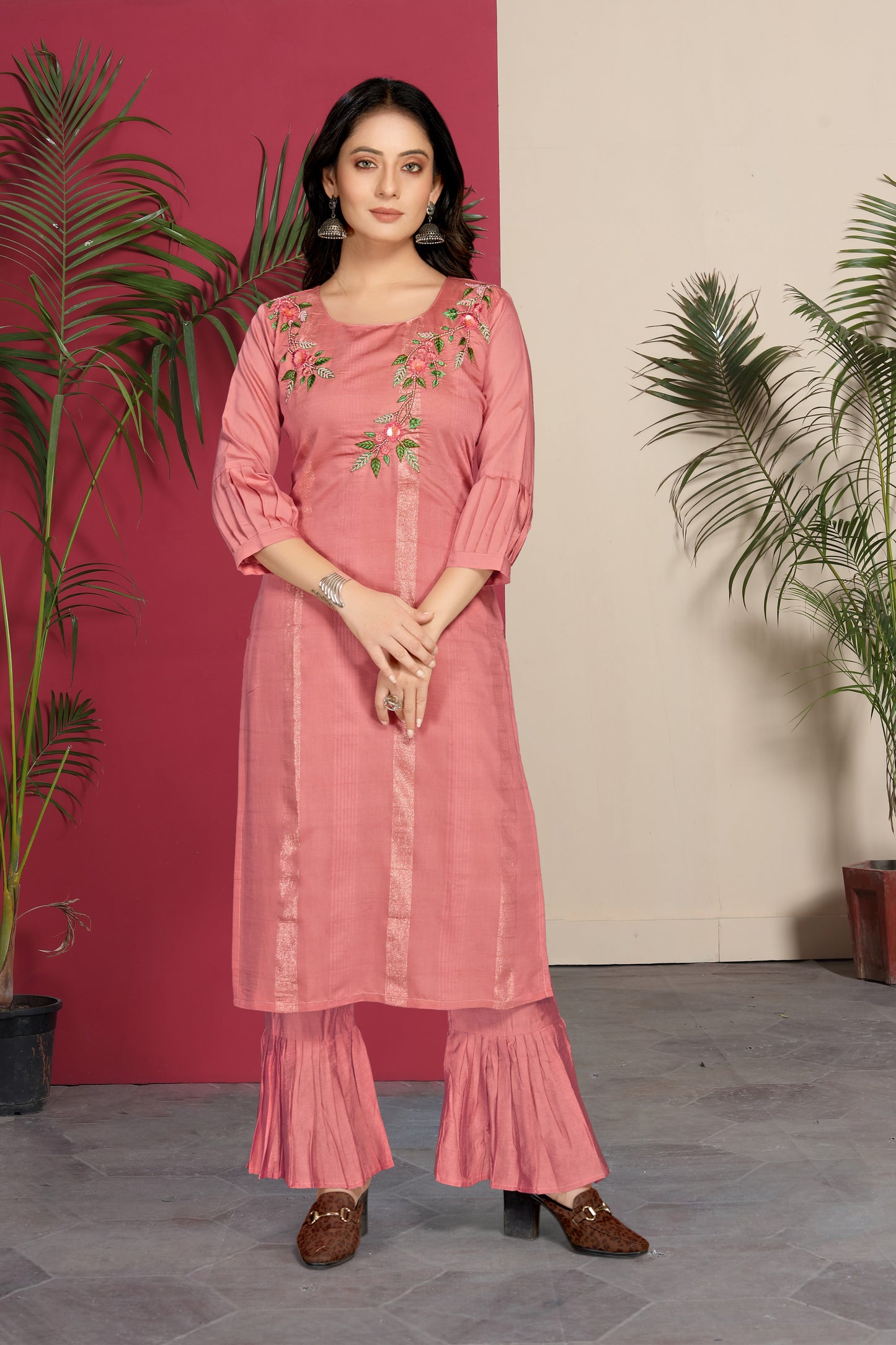 Women's Fabric Silk Embroidery Kurta Set Printed Heavy Kurti with Pants