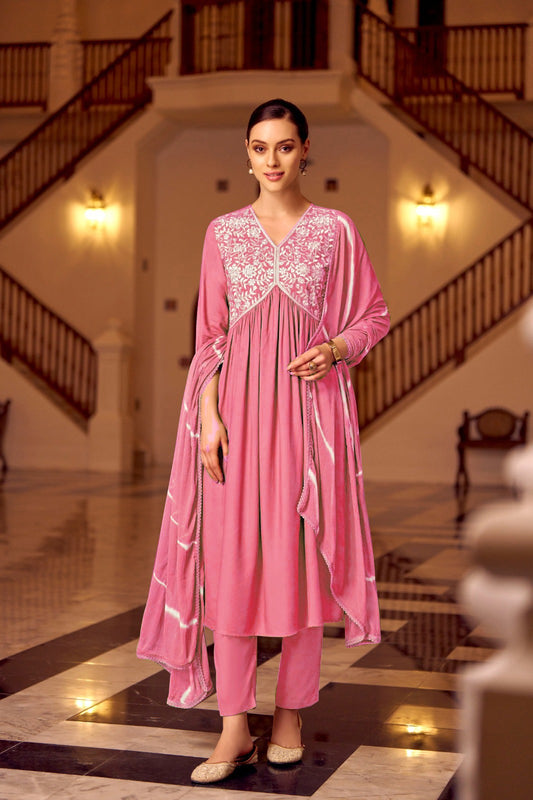 Angel Pink Aliya Cut style Fancy Fabric pure Rayon With Embroidery Work