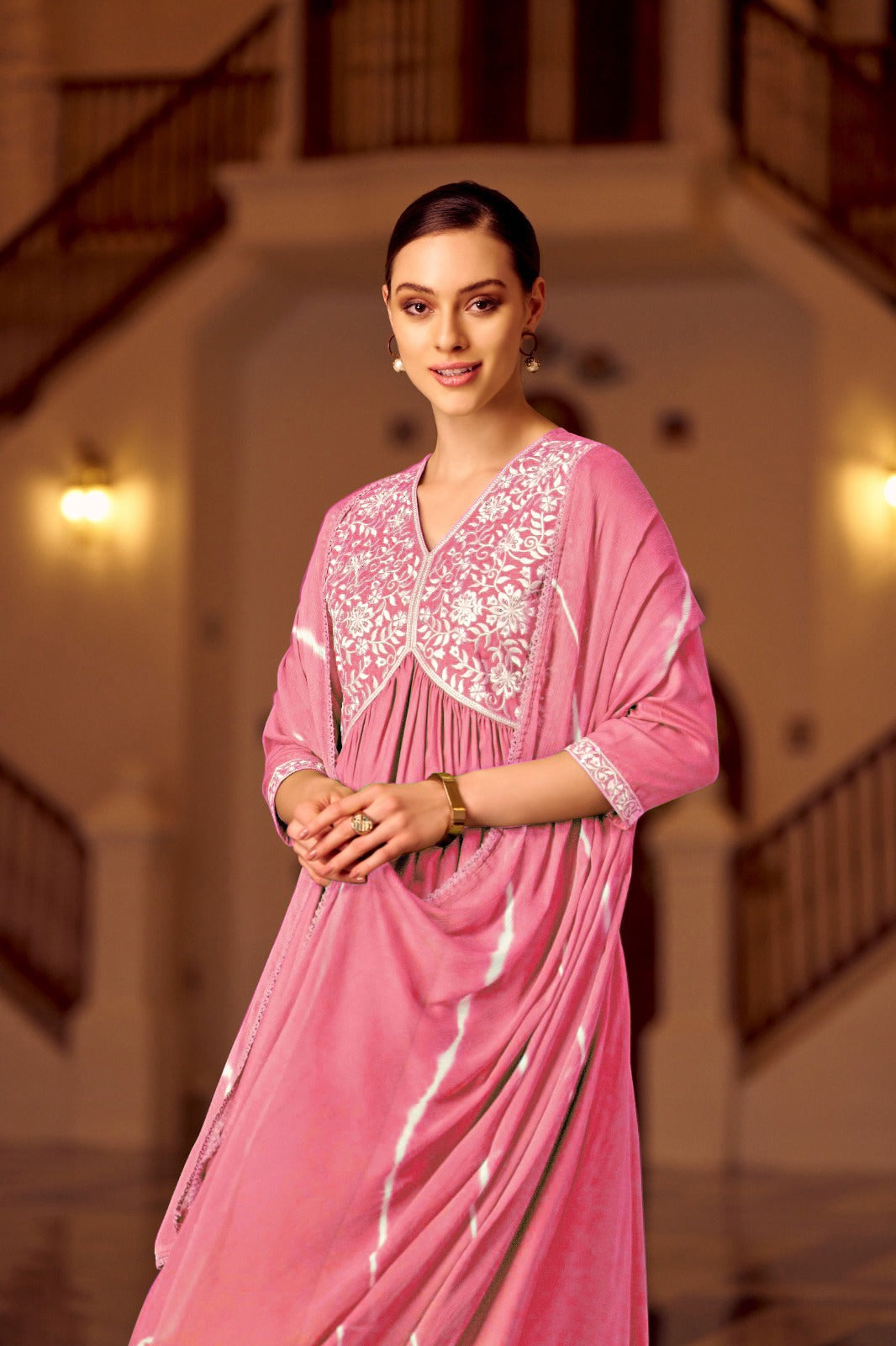 Angel Pink Aliya Cut style Fancy Fabric pure Rayon With Embroidery Work