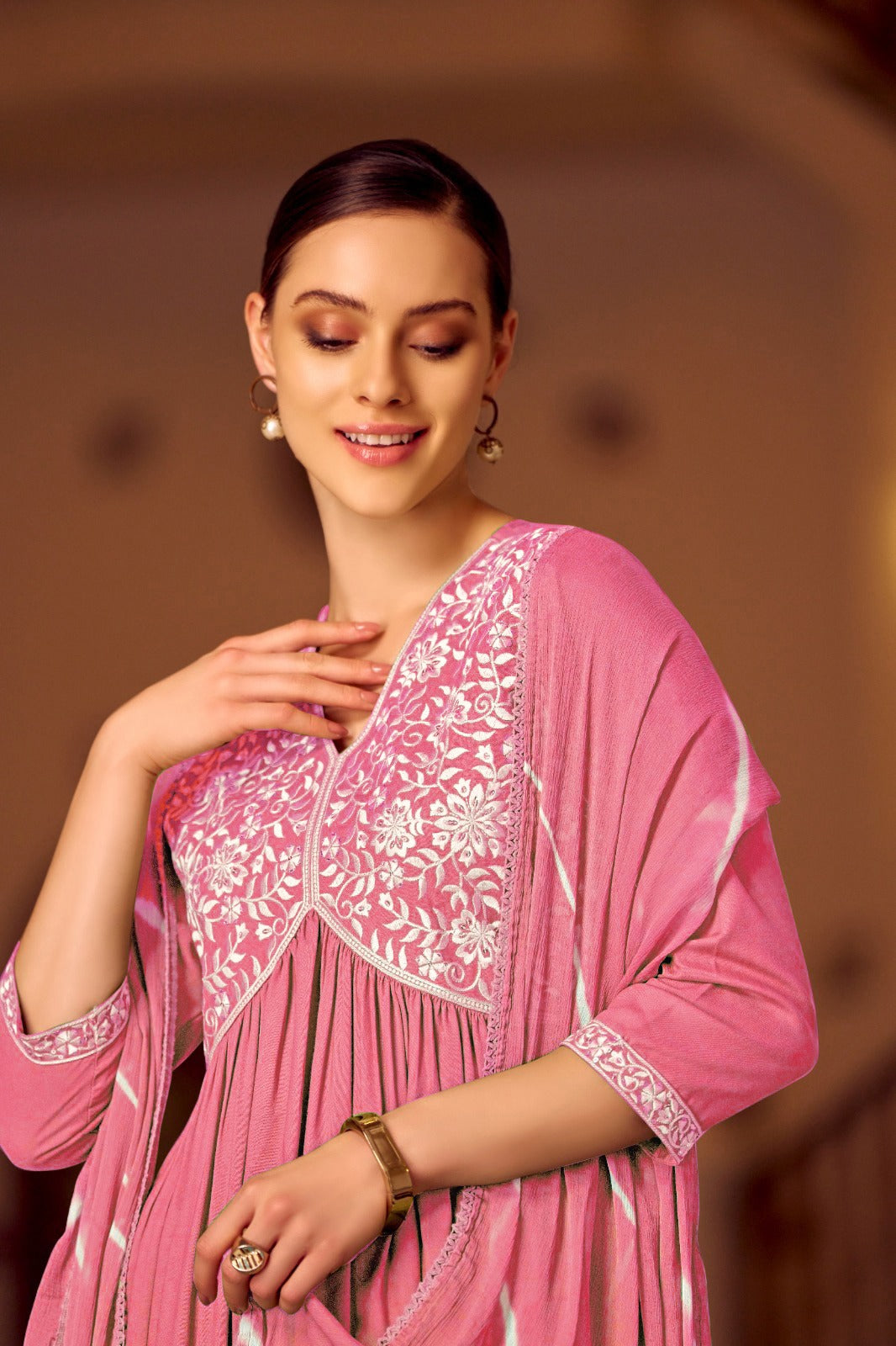 Angel Pink Aliya Cut style Fancy Fabric pure Rayon With Embroidery Work