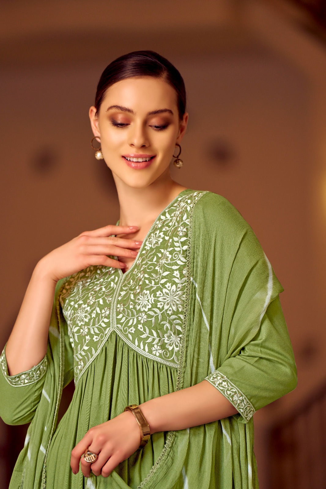 Angel-Pista Aliya Cut style Fancy Fabric Pure Rayon With Embroidery Work