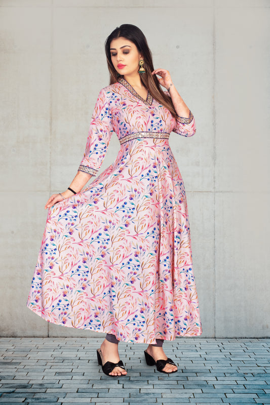 Ritvi Women’s Rayon Anarkali Tier Pattern Gown With Beautiful Embroidery Work