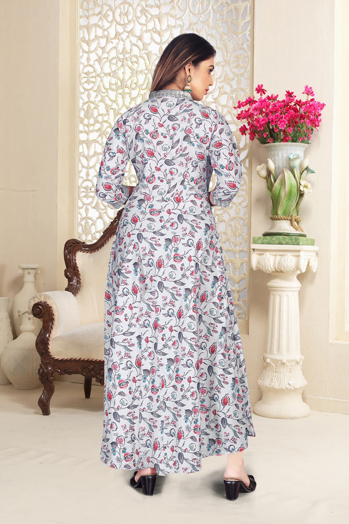 Ritvi Women’s Rayon Anarkali Tier Pattern Gown With Beautiful Embroidery Work