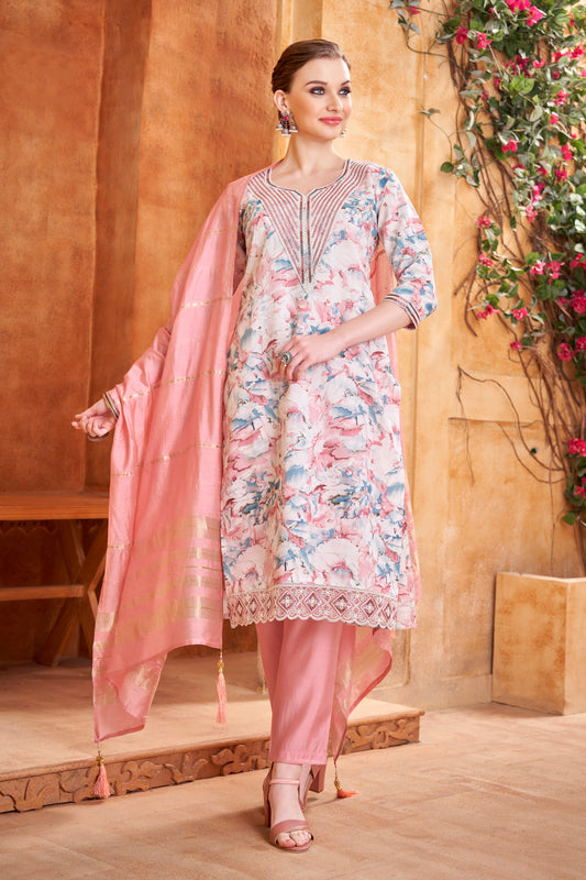Jasmine pink Women Straight Fancy Kurta With Pant Dupatta Set Chanderi Modal Fabric So Beautiful Embroidery Work