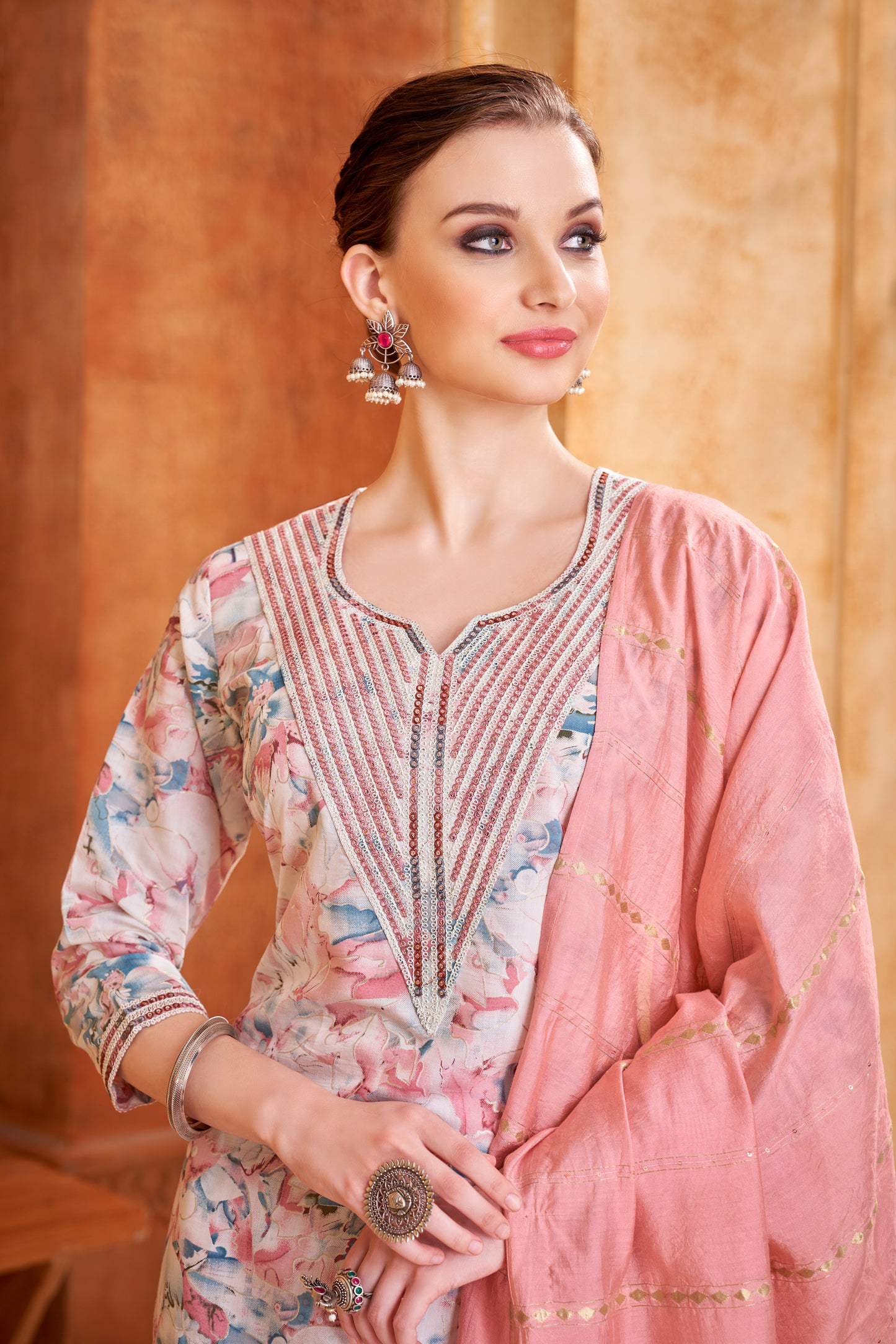 Jasmine pink Women Straight Fancy Kurta With Pant Dupatta Set Chanderi Modal Fabric So Beautiful Embroidery Work