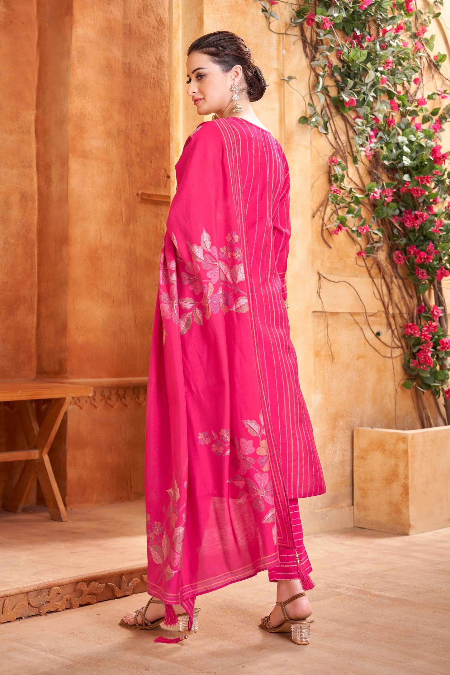Lollypop pink Women Straight Fancy Kurta With Pant Dupatta Set Chanderi Modal Fabric So Beautiful Embroidery Work