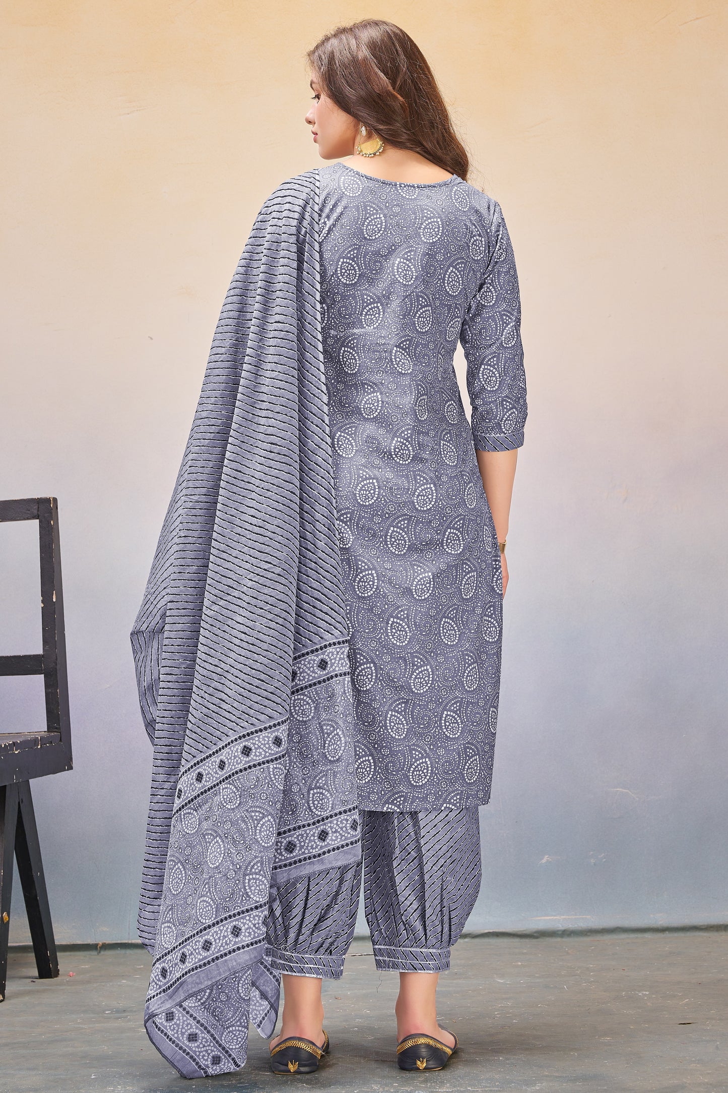 Women's Fabric Cotton Embroidery Kurta Set Printed Heavy Kurti with Pants & Dupatta Set
