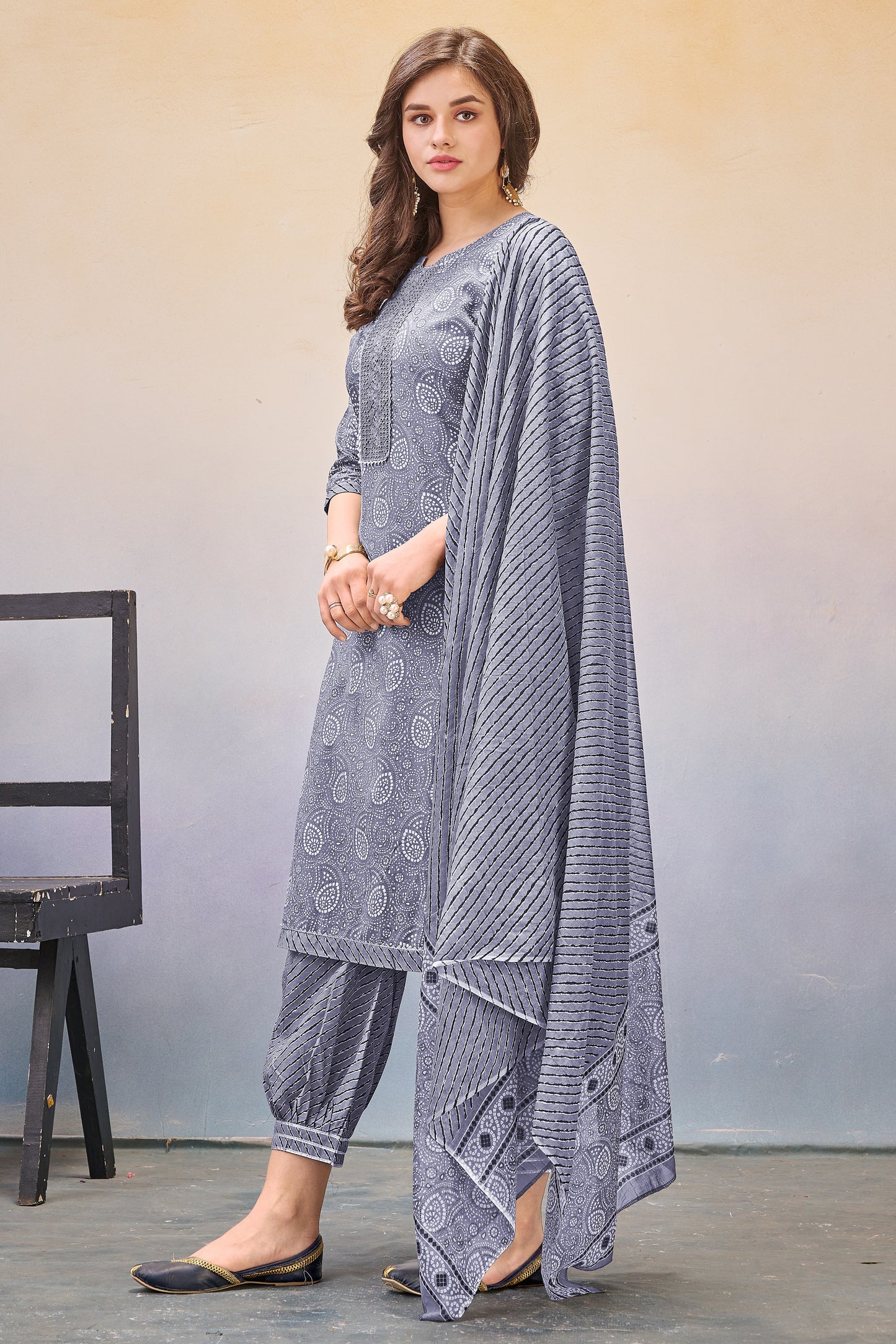 Women's Fabric Cotton Embroidery Kurta Set Printed Heavy Kurti with Pants & Dupatta Set